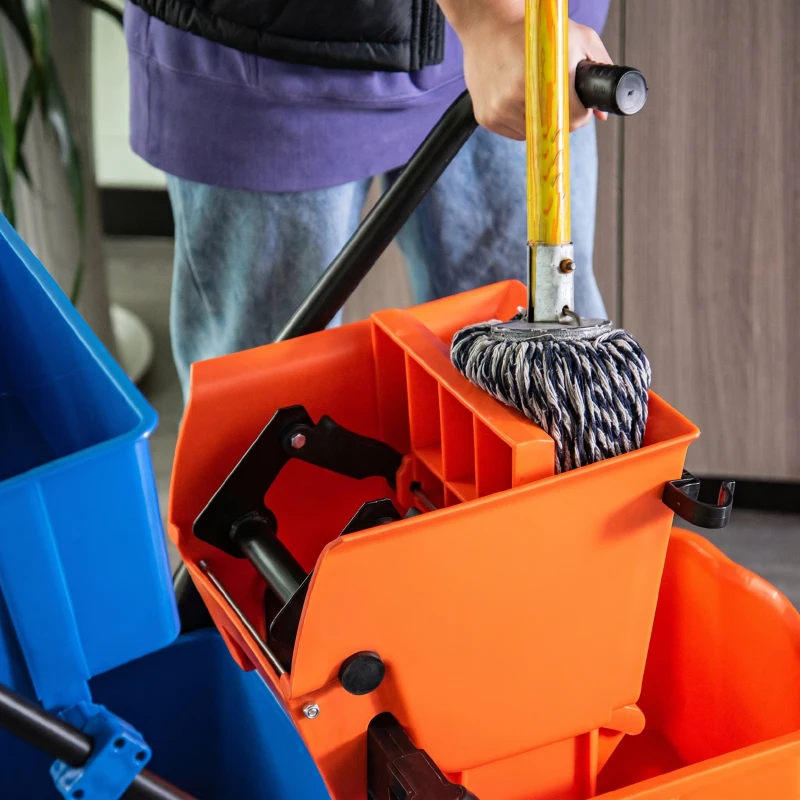 HOMCOM Cărucior Profesional de Curățenie cu 2 Găleți de 26L, Cărucior cu Presă, Mâner și 4 Roți Universale, pentru Hotel, Casă, Birou, 78x45x95 cm, Portocaliu și Albastru