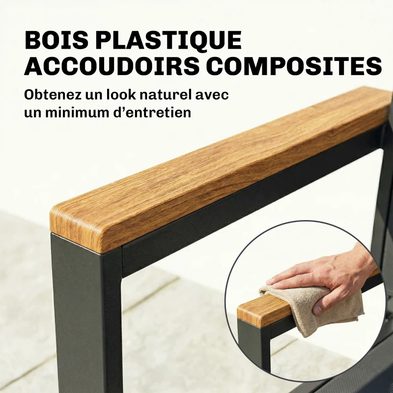 Outsunny Lot de 2 Chaises de Jardin Empilables, Assise et Dossier Rembourrés, Accoudoir en Bois Plastique, 56x55x85cm, Gris Foncé