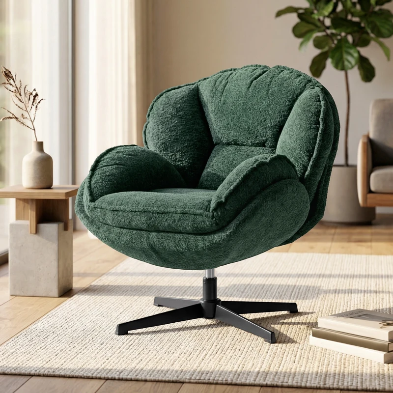 HOMCOM Modern Wingback Accent Chair, Velvet Armchair with Four-Star Base, S-Springs, Swivel, Dark Green