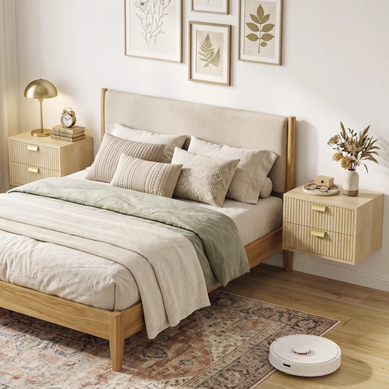 HOMCOM Modern Floating Nightstands Set of 2, Wall Mounted Bedside Tables with 2 Drawers, Oak