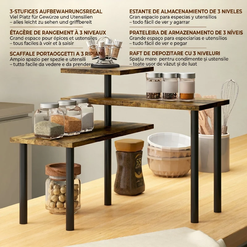 HOMCOM Raft de Bucătărie cu 3 Nivele Rotative Economisitor de Spațiu din Lemn și Oțel, 40x10x36.5 cm, Maro Rustic
