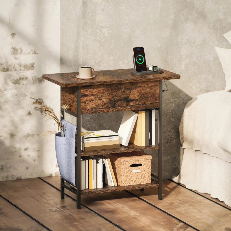 HOMCOM Table d'appoint bout de canapé avec station de charge et sac de rangement, 60 x 29,8 x 58,5 cm, brun rustique