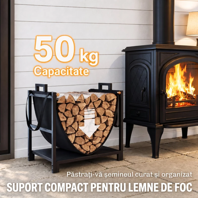 Outsunny Suport pentru Lemne de 48 cm cu Geantă, din Oțel, Capacitate 50 kg, pentru Șemineu, Negru