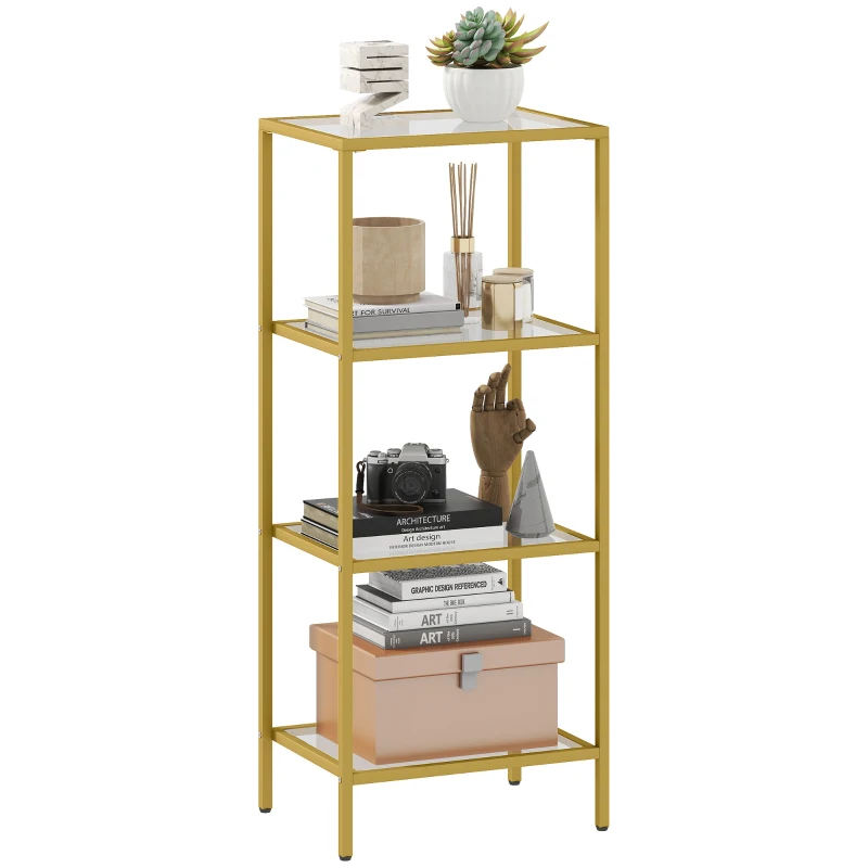HOMCOM Raft cu 4 Niveluri Minimal din Metal și Sticlă Temperată, 40x30x96,5 cm, culoare Aurie