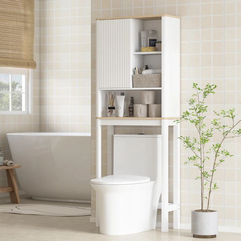 HOMCOM Meuble de rangement au-dessus des toilettes avec porte cannelée, compartiments, étagère réglable, 65x25x170cm, blanc