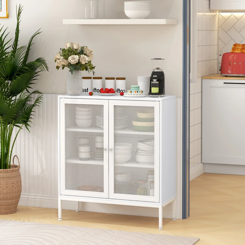 HOMCOM Aparador para Comedor Mueble Auxiliar con Puertas de Rejilla Metálica y Estantes Ajustable 80x37x92 cm Blanco