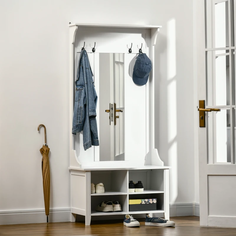 HOMCOM Garderobenständer mit Sitzbank Garderobenset Flurgaderobe 3-in-1 mit Schuhschrank Wandspiegel 4 Haken Weiß 80 x 40 x 170 cm