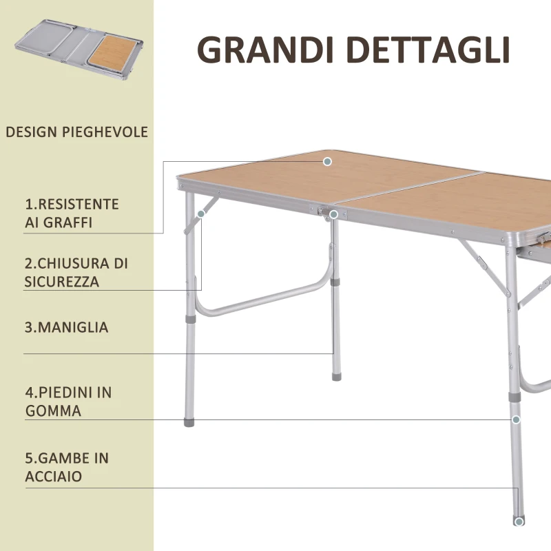 Outsunny Tavolo Pieghevole da Campeggio 5Kg, Facile da Trasportare, con Pannello Estraibile 120cm x 60cm x 40/70cm