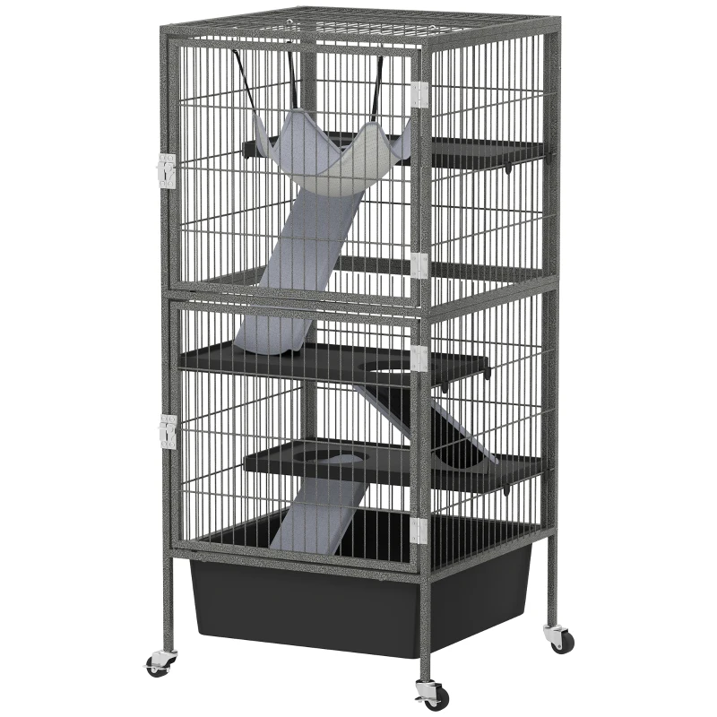 PawHut Gaiola para pequenos animais 4 andares com bandeja elevável Rampas Rede Rodízios Plataformas 52x52x115 cm Cinza