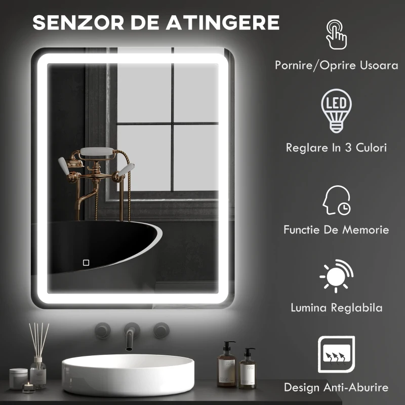 HOMCOM Oglindă Baie LED Touch cu lumină reglabilă, 3 temperaturi și funcție anti-aburire, 70x90 cm