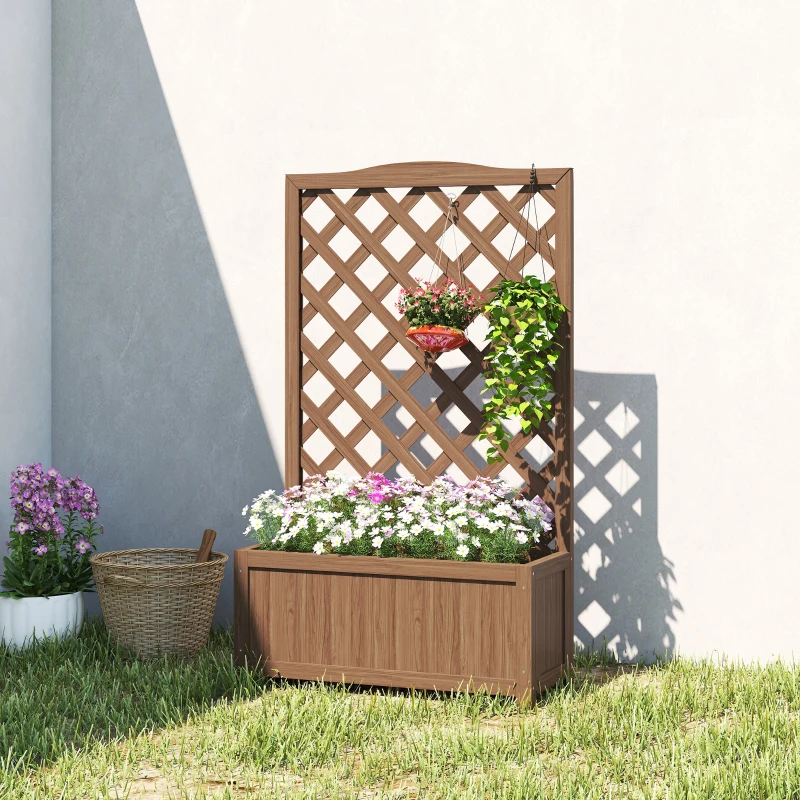 Outsunny Jardinière avec treillis, bac à fleurs, pour plantes grimpantes, légumes, fleurs, en bois massif, 70x28x117cm café foncé