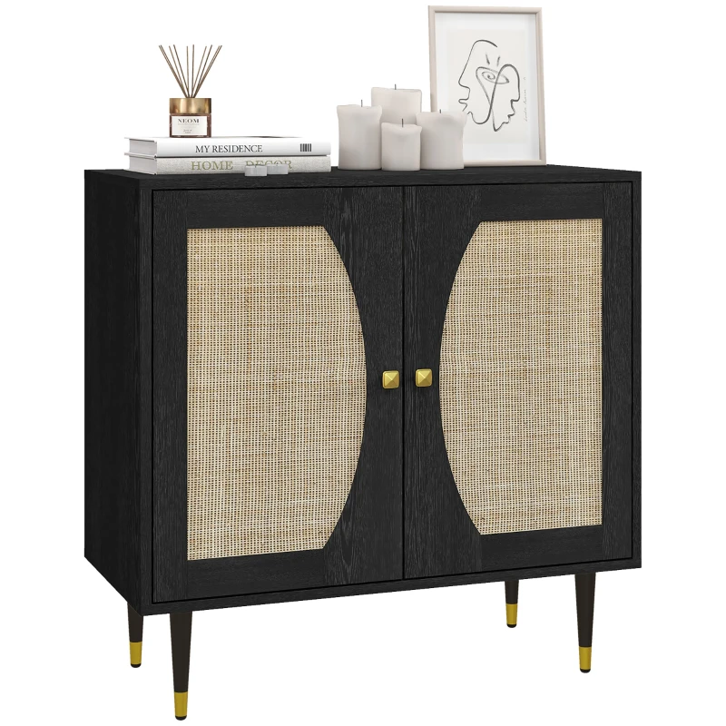 HOMCOM Buffet de cuisine meuble de rangement design bohème double portes avec 2 niveaux, façade en rotin 80 x 38 x 79 cm noir