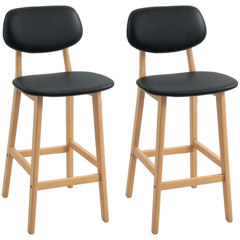 HOMCOM Set 2 Scaune de Bar cu spătar, tapițerie din piele ecologică și suport pentru picioare, 42x47x92cm, negru