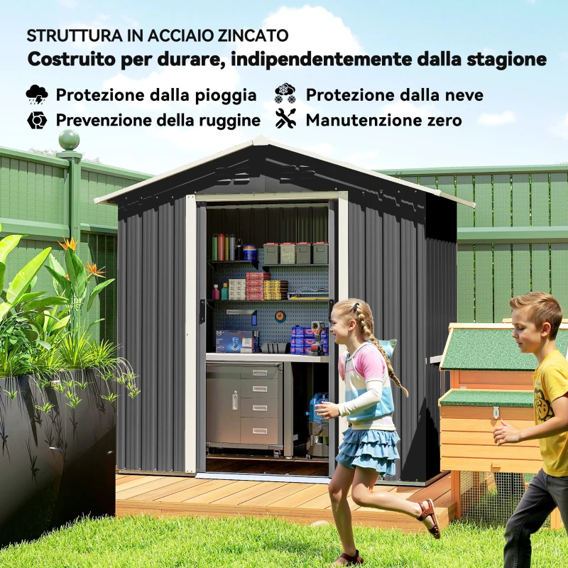 Outsunny Casetta da Giardino Capanno Porta Attrezzi Acciaio 194x107x191 cm, Grigio