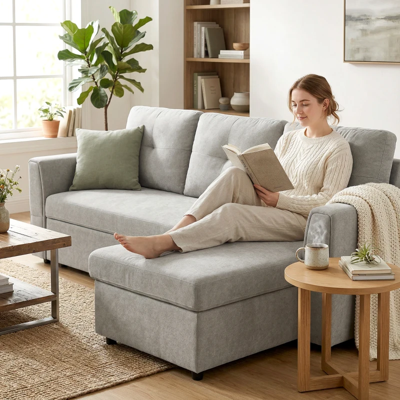 HOMCOM 3-Sitzer-Sofa mit Bettfunktion, Schlafsofa mit Chaiselongue, Polstersofa, Grau(m-8)