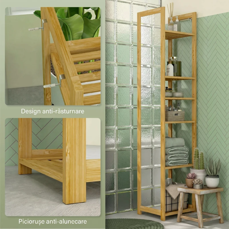 HOMCOM Etajeră de baie cu oglindă și 6 rafturi, dulap cu oglindă din bambus, 35x35x168cm, culoare lemn
