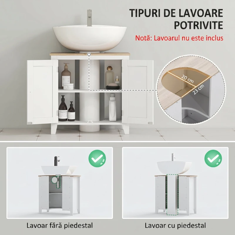 kleankin Dulap sub Chiuvetă Baie în formă de U cu Raft Reglabil la Interior, din MDF, 60x30x60 cm, Alb și Lemn Natur(m-4)