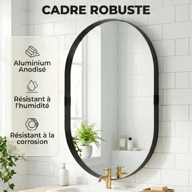 HOMCOM Miroir mural, miroir décoratif 60 x 90 cm en verre trempé et cadre en aluminium, pour chambre, salon, couloir, noir