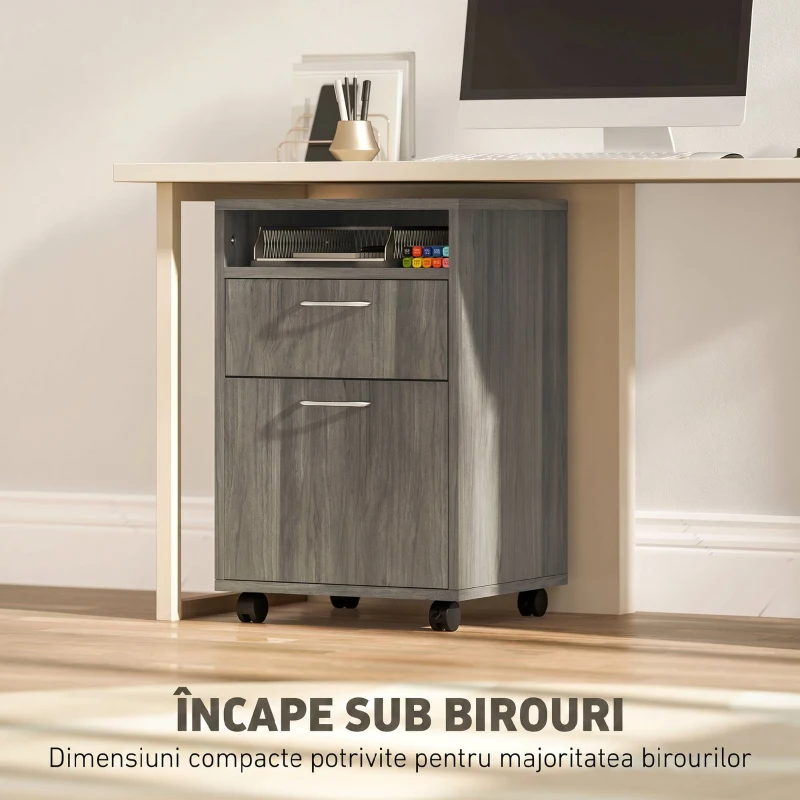 HOMCOM Comodă pentru documente pe 4 roți cu raft deschis și sertare, din lemn și metal, 40x35x60 cm, gri