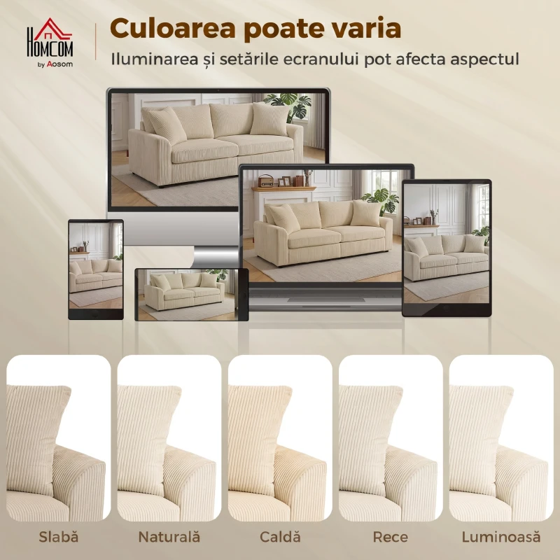 HOMCOM Canapea cu 3 locuri din catifea cu arcuri individuale și 2 perne, 212x80x88 cm, alb crem