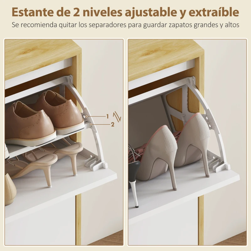 HOMCOM Zapatero Estrecho con 4 Puertas en Blanco Brillo Estantes Ajustables Patas de Madera para 20 Pares de Zapatos