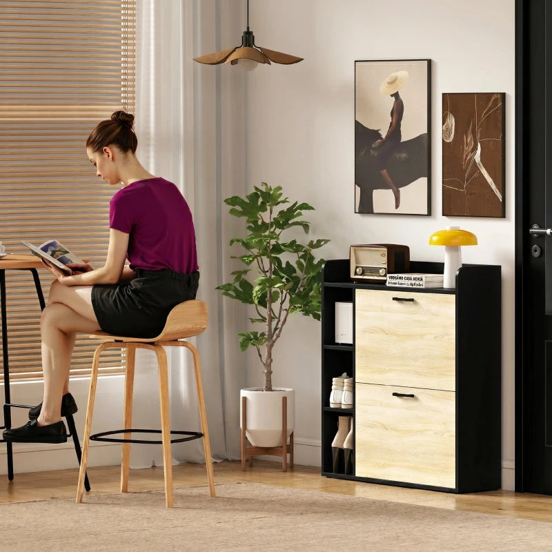 HOMCOM Scarpieră Slim cu 2 Sertare Rabatabile și 3 Compartimente Deschise, Capacitate 15 Pantofi, 83x24x90.5 cm, Negru