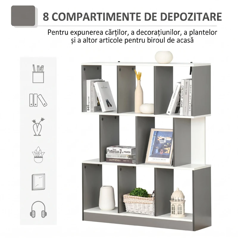 HOMCOM Bibliotecă cu 8 Rafturi pentru Sufragerie și Dormitor, din Lemn, 100x24x124 cm, Gri Închis