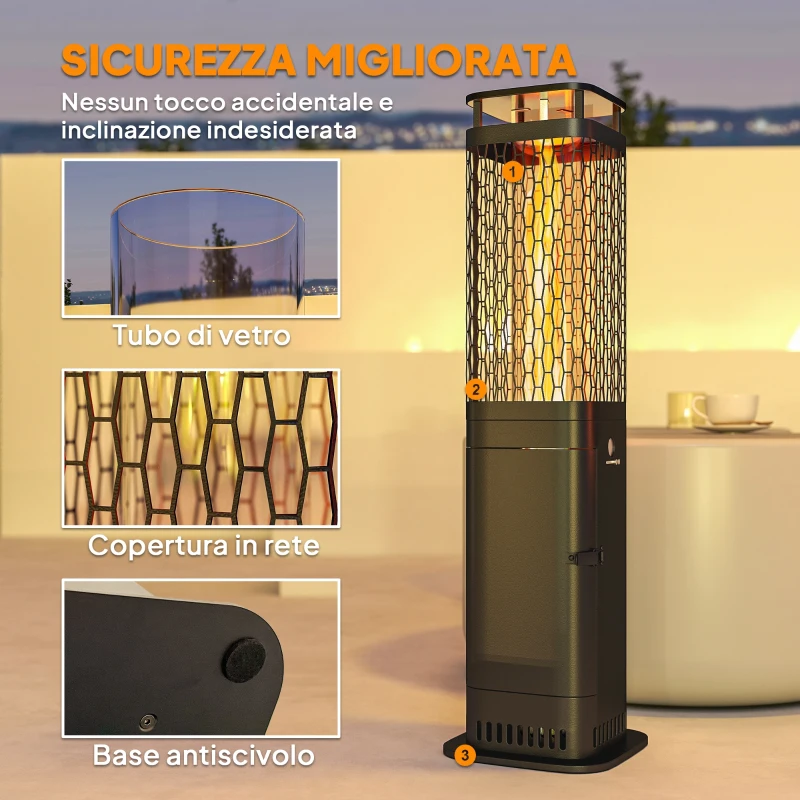 Outsunny Stufa a Pellet da Esterno Potenza 6.86Kw con Base Antiscivolo, Tubo in Vetro e Rete in Metallo, Nero