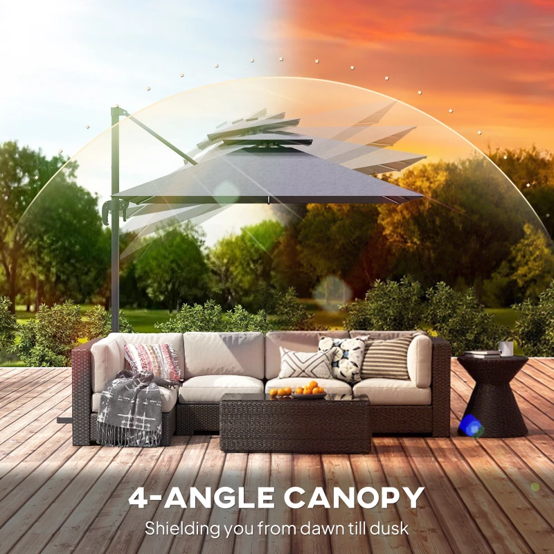 Outsunny 2.5m Cantilever Parasol with Solar Powered LED Lights, 360° Rotation, Tilt Adjustment, Crank Handle, Dark Grey