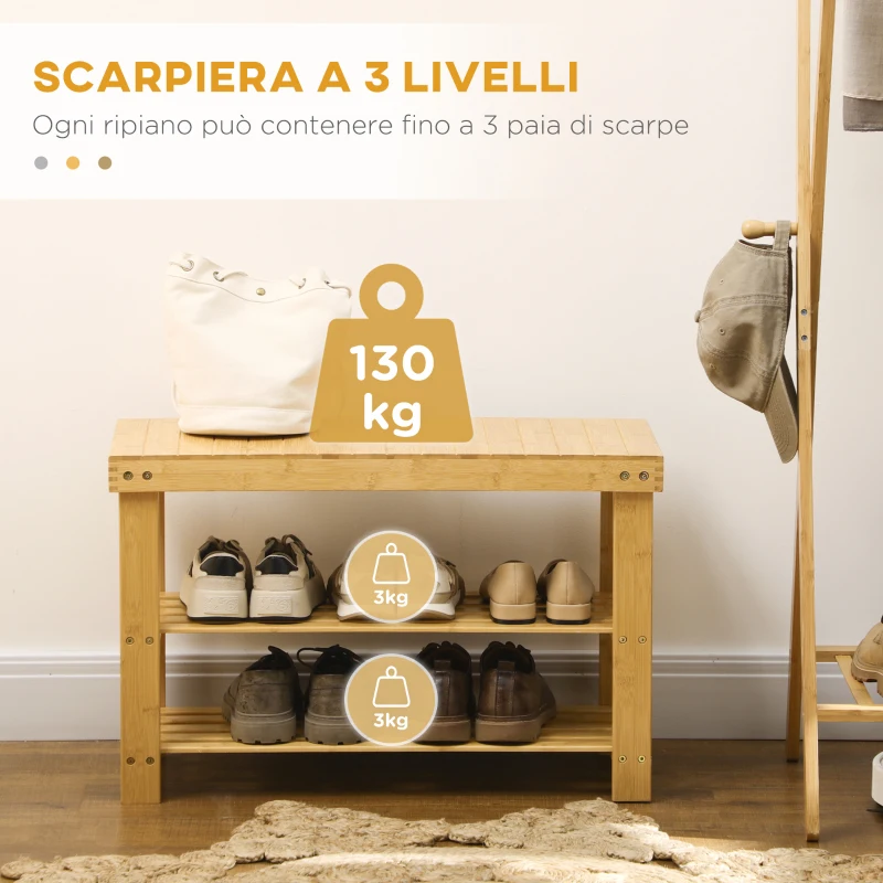 HOMCOM Panca Scarpiera Bassa in Bambù con 2 Ripiani a Doghe e Seduta, 70x28x45 cm, Naturale