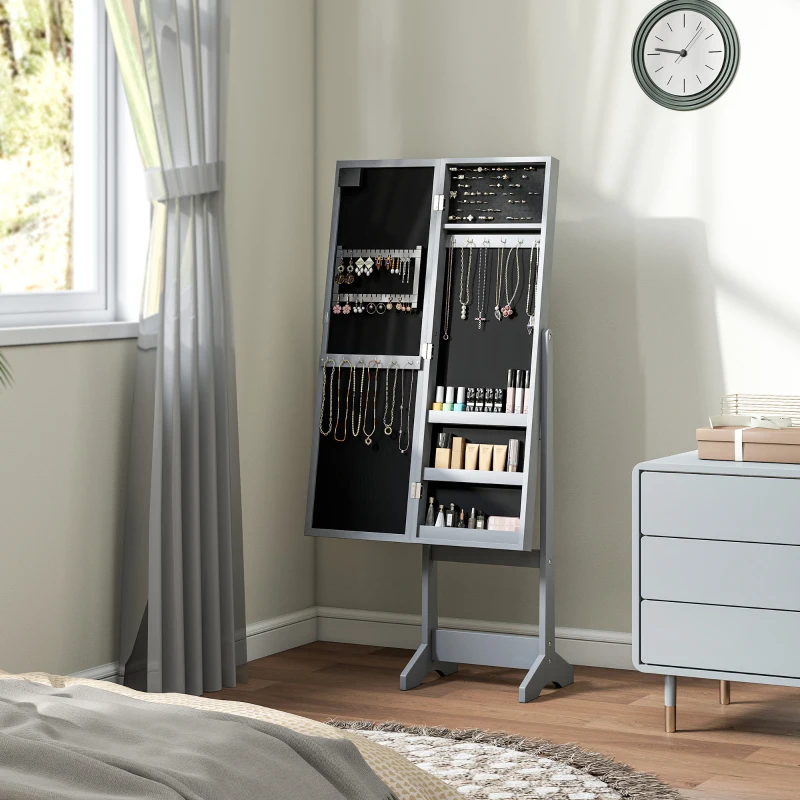 HOMCOM Espelho Joalheiro com Luzes LED Armário para Joias com Ângulo Ajustável  Prateleiras Ranuras para Anéis 36x30x136 cm Cinzento