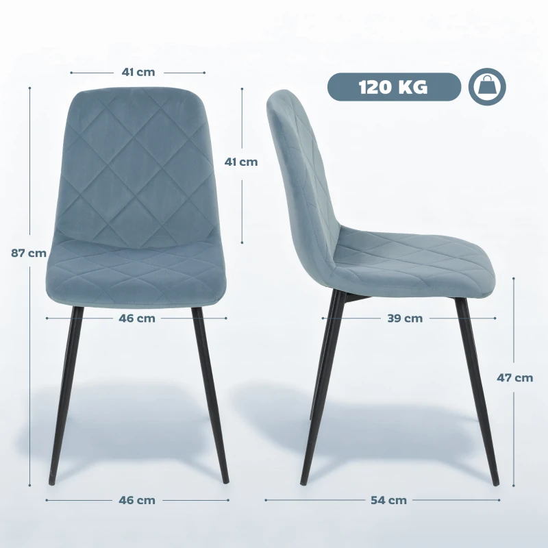 HOMCOM Set 4 Sedie per Cucina Imbottite, in Tessuto Effetto Velluto e Acciaio, 45x54x87 cm, Azzurro