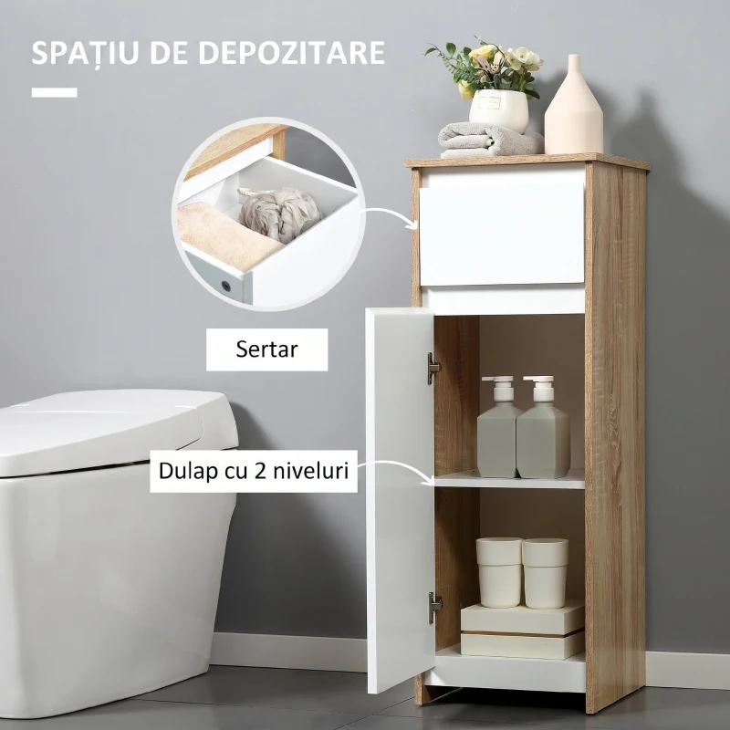 kleankin Dulap de baie cu sertar și dulap cu raft reglabil intern, din MDF, 32.6x30x90 cm