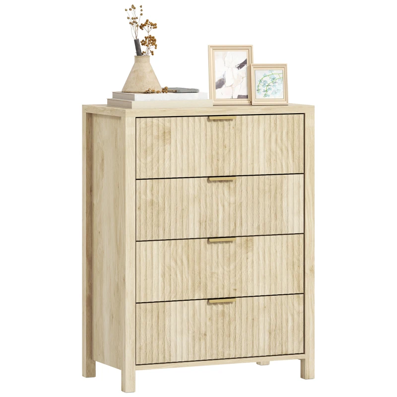 HOMCOM Comodă cu 4 sertare scanalate și mânere aurii, 70x38x93 cm, lemn natural