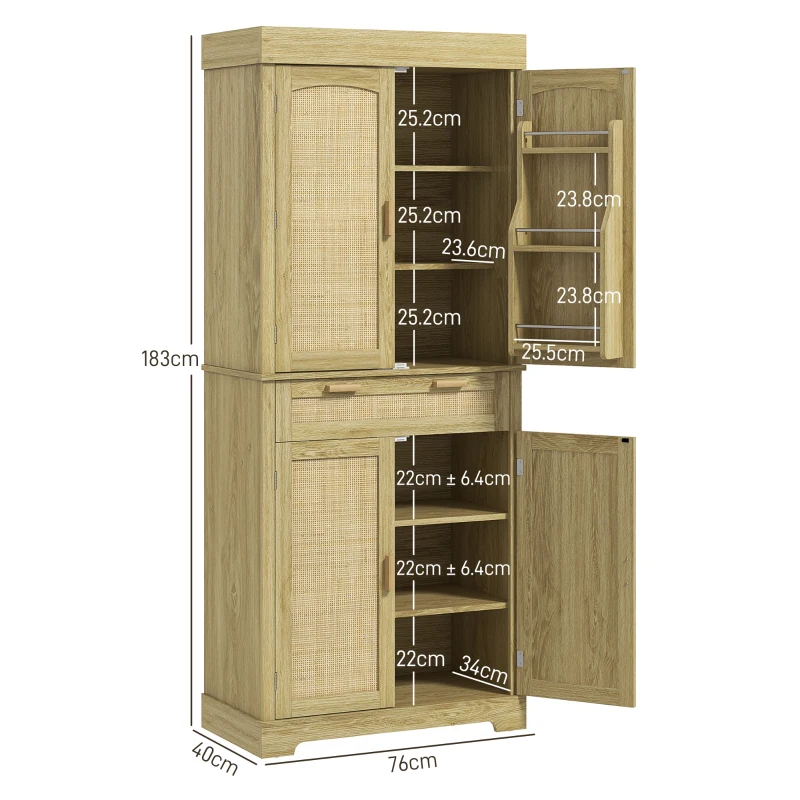 HOMCOM Bufet de Bucătărie Stil Boho cu 2 Dulapuri, Sertar și Suport pentru Condimente din Lemn și Ratan, 76x40x183cm, Stejar