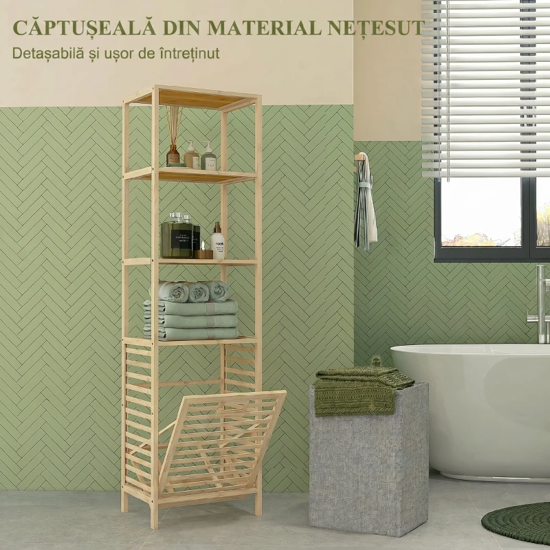 HOMCOM Coloană de baie cu 3 rafturi din lemn de bambus și coș de rufe din material textil, 44x33x160cm