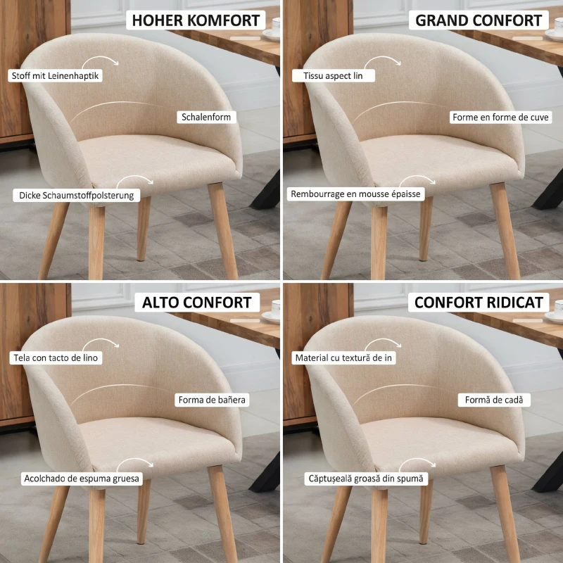 HOMCOM Set de 2 scaune de dining stil scandinav tapițate cu material textil, 55x56x74 cm, bej