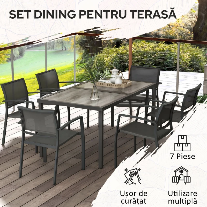 Outsunny Set de Grădină cu 6 Scaune Stivuibile din Material Textil de Plasă și Masă cu Aspect de Lemn, Gri