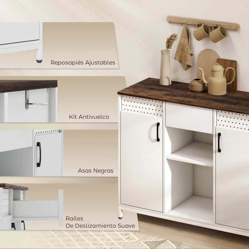 HOMCOM Aparador para Salón con 2 Puertas con Orificios Cajón Compartimentos Abiertos Estantes Ajustables 100x40x80 cm Blanco