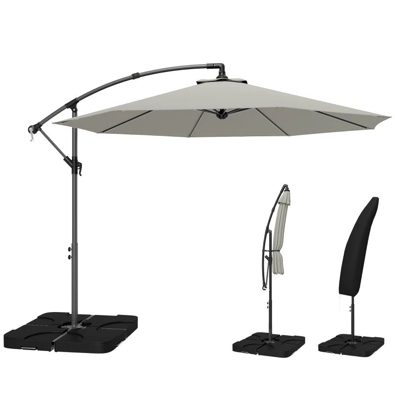 Outsunny 3m Overhanging Parasol, with Base, Weights and Cover - Light Grey