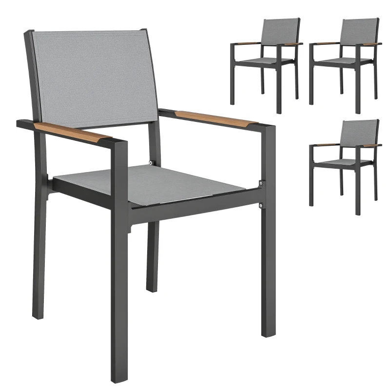 Outsunny Lot de 4 chaises de jardin, chaises de salle à manger avec accoudoirs effet bois cadre en aluminium, gris clair