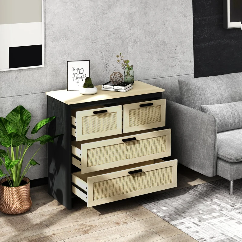 HOMCOM Comodă cu 4 Sertare din PAL și Ratan pentru Living și Dormitor, 80x38x80 cm