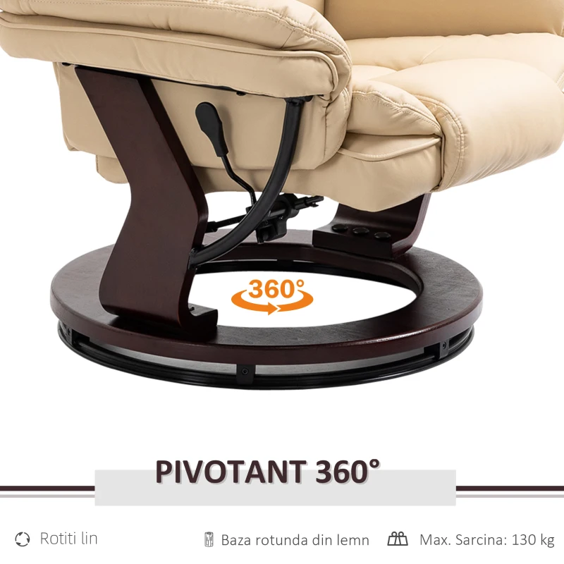 HOMCOM Set Fotoliu Relax și Pouf pentru Picioare, Rotativ la 360° si Reclinabil, Imitatie de piele PU cu Suport pentru Cap si Brate, Bej
