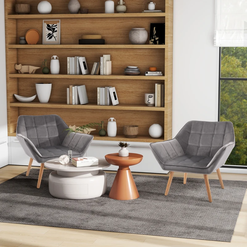 HOMCOM Accent Chair, Velvet Upholstered Vanity Tub Chair with Flared Armrests, Slanted Back, Solid Wood Legs, Comfy Padding Armchair, Home Bedroom Furniture Seating, Set of 2, Grey
