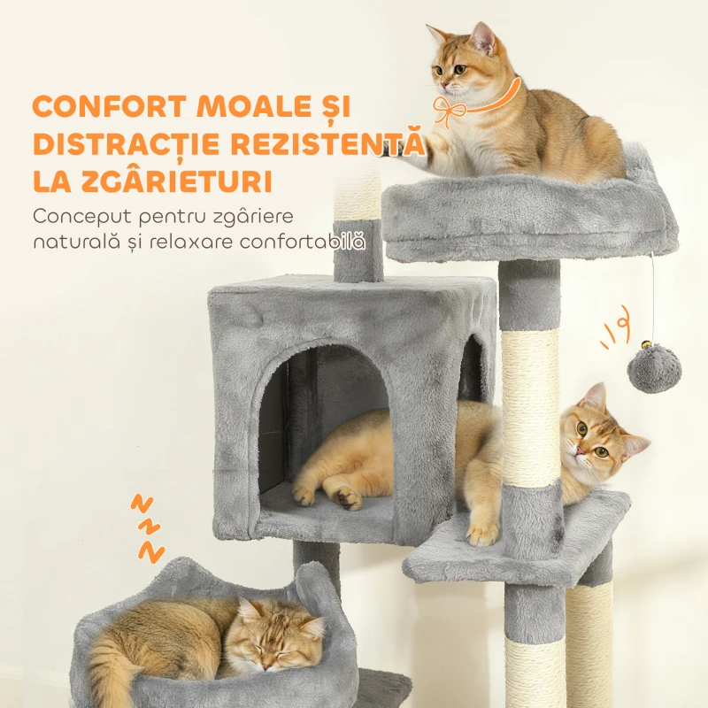 PawHut Copac de zgâriat pentru pisici cu scară, 2 hamace, 3 platforme, 2 căsuțe și 3 locuri de odihnă, 48x48x192 cm, Gri și Crem