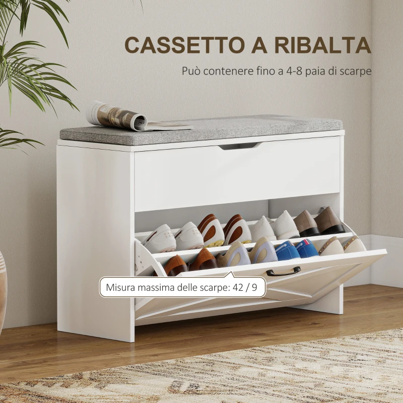 HOMCOM Panca Scarpiera con Cassetto Ribaltabile e Contenitore, Capacità 6 Paia di Scarpe, 80x30x55 cm, Bianco