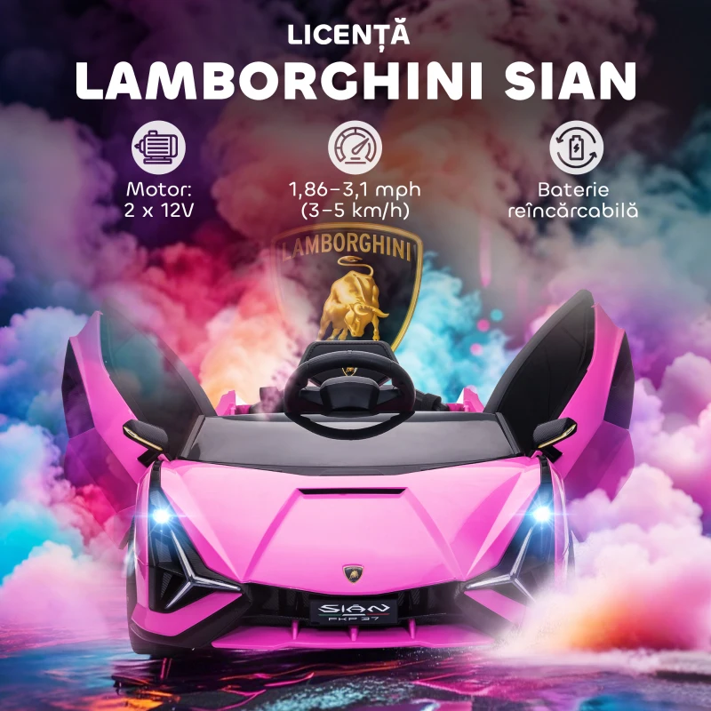 HOMCOM Mașină Electrică pentru Copii 3-5 Ani, Model Lamborghini 12V, cu Telecomandă și Viteză de 3-8 km/h, Roz
