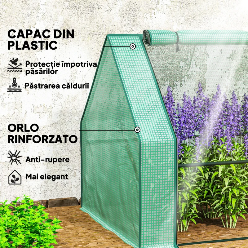Outsunny Mini Seră de Grădină cu 4 Uși Rulabile și Acoperire Extinsă, din Oțel și PE, 360 x 90 x 90 cm, Verde