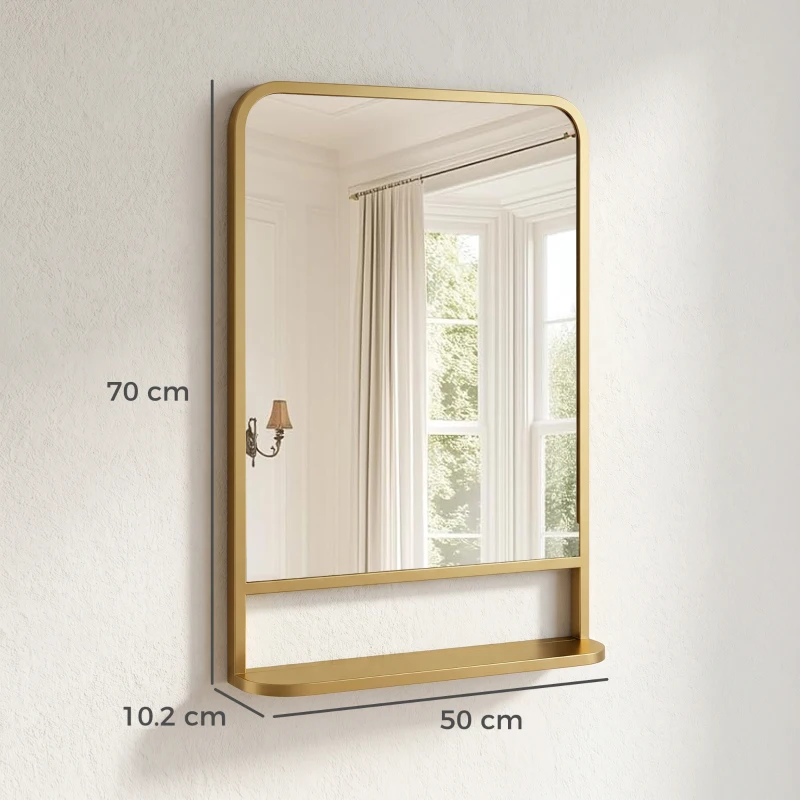 HOMCOM Modern Rectangular Wall Mirror with Storage Shelf, 70 x 50 cm, Gold Tone