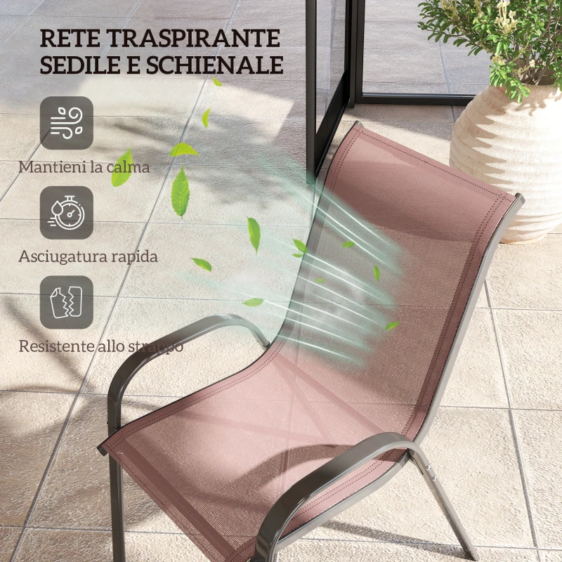 Outsunny Set 4 Sedie da Giardino Impilabili con Braccioli Curvi, in Acciaio e Tessuto Traspirante, 54x71x93 cm, Marrone